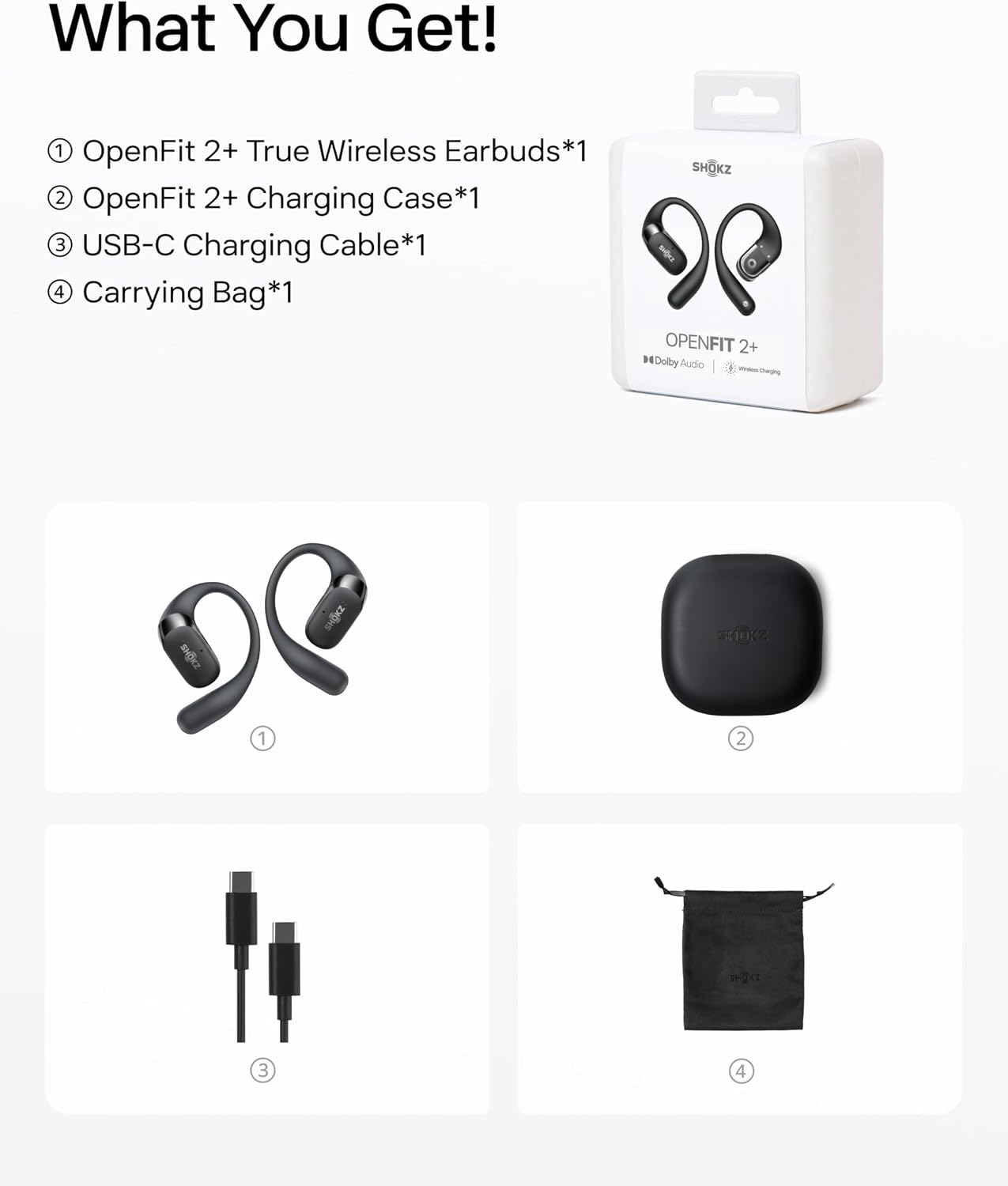 SHOKZ OpenFit 2+ Open-Ear Earbuds, Black, Dolby Audio,Wireless Charging | Soft Ear Hooks； IP55 Water-Resistant; USB-C Fast Charging；48H Playtime; Gym/outdoor/home use