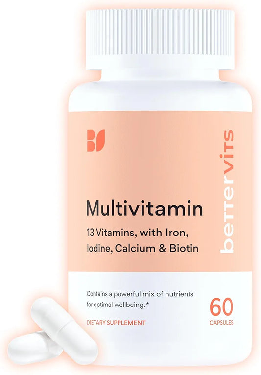 Bettervits Multivitamin for Women & Men | Womens Daily Multivitamin with 13 Essential Vitamins Iron, Iodine, Calcium and Biotin | Vitamins A, K2, D3, C, B1, B2, B3, B5, B6, B7, B9, B12 | 60 Capsules