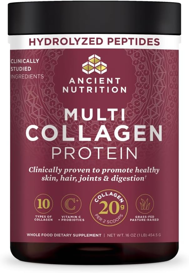 Ancient Nutrition Collagen Peptides Powder, Multi Collagen Protein, Women & Men, Vitamin C, Probiotics, Hydrolyzed Collagen, Supports Skin, Joints, Gut Health, Unflavored (40 Servings)