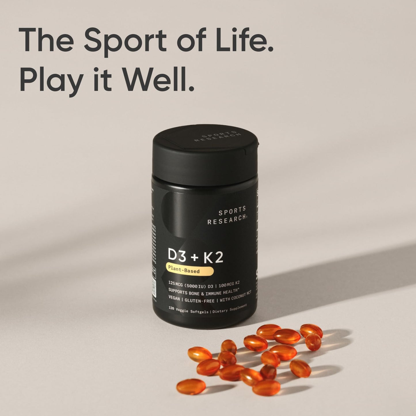 Sports Research® Vitamin D3 + K2 w/ Coconut Oil - Vegan Vitamin D 5000iu & Mk7 Vitamin K 100mcg for Bone & Immune Support - Vegan Certified · Non-GMO · Soy Free - 60 Softgels