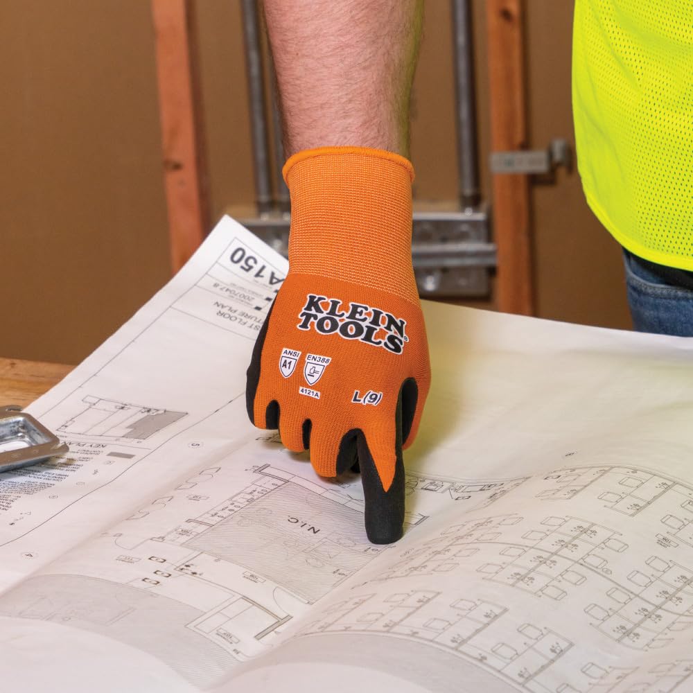 KLEIN TOOLS 60580 Work Gloves, Knit Dipped Cut Resistant ANSI A1 Nitrile Coated Gloves, Nylon-Spandex, Touchscreen Capable, Medium, 2-Pair