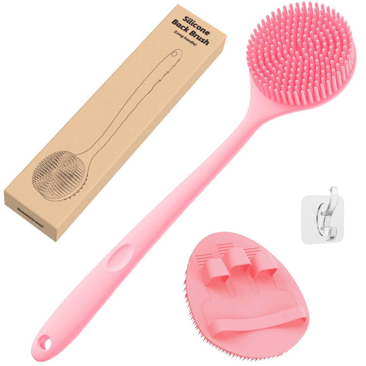 Manmihealth Silicone Back Scrubber(Thick Bristles) & Soft Bath Glove Set, Super-Exfoliating Body Scrubber & Super-Lathering Shower Brush Combination, with a Free Hook.(Black)