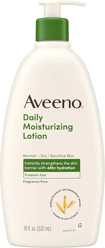 Aveeno Daily Moisturizing Body Lotion with Prebiotic Oat for Normal to Dry Skin, Fragrance-Free, 18 Fl Oz