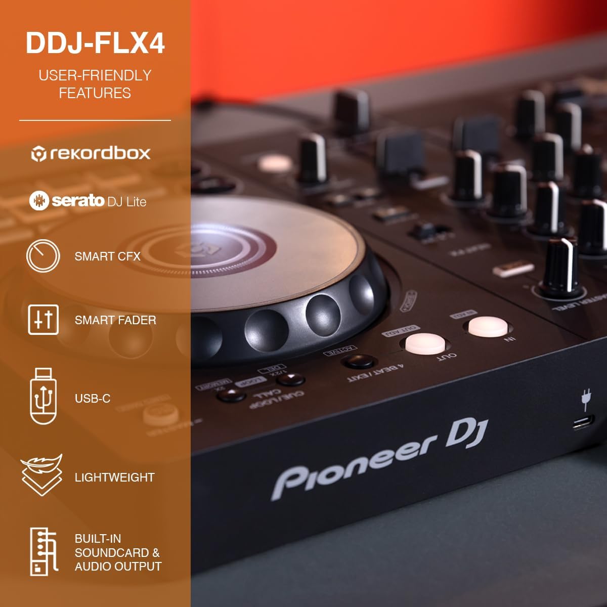 Pioneer DJ DDJ-FLX4 2-Channel DJ Controller, 16 Pads, Graphite | For learners and improvers, 2-channel 2-deck controller, Smart Fader, Smart CFX, mic and livestream ready, USB