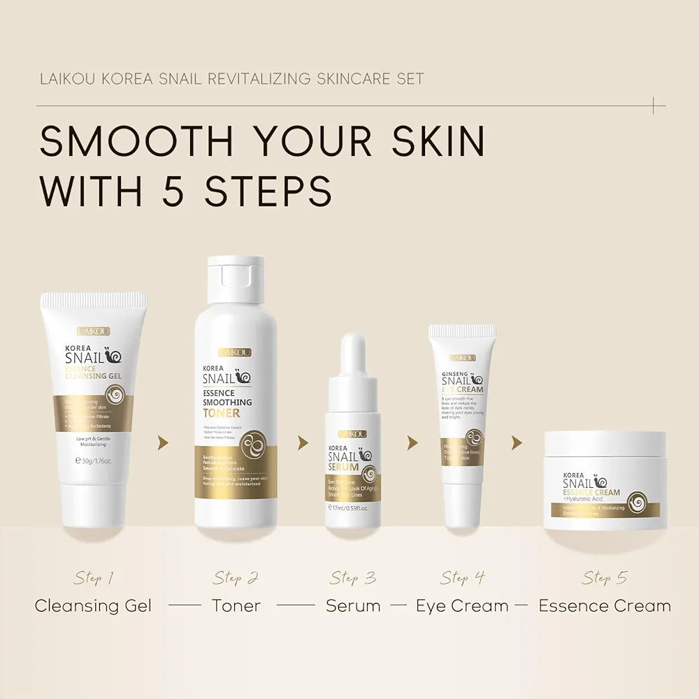 LAIKOU Korean Skin Care, Skin care set, Skin Care Kit Snail and Ginseng with Cleansing Gel, Toner, Eye Cream, Serum, Essence Cream 5pcs for Women Teen Girls Mom Daughter Mother's Day Birthday