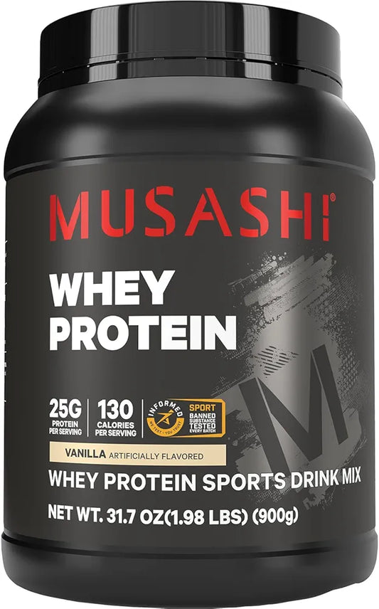 Musashi Whey Protein Powder, Vanilla, 900g , WPC & WPI Blend, 25g Protein, 130 Calories per Serving