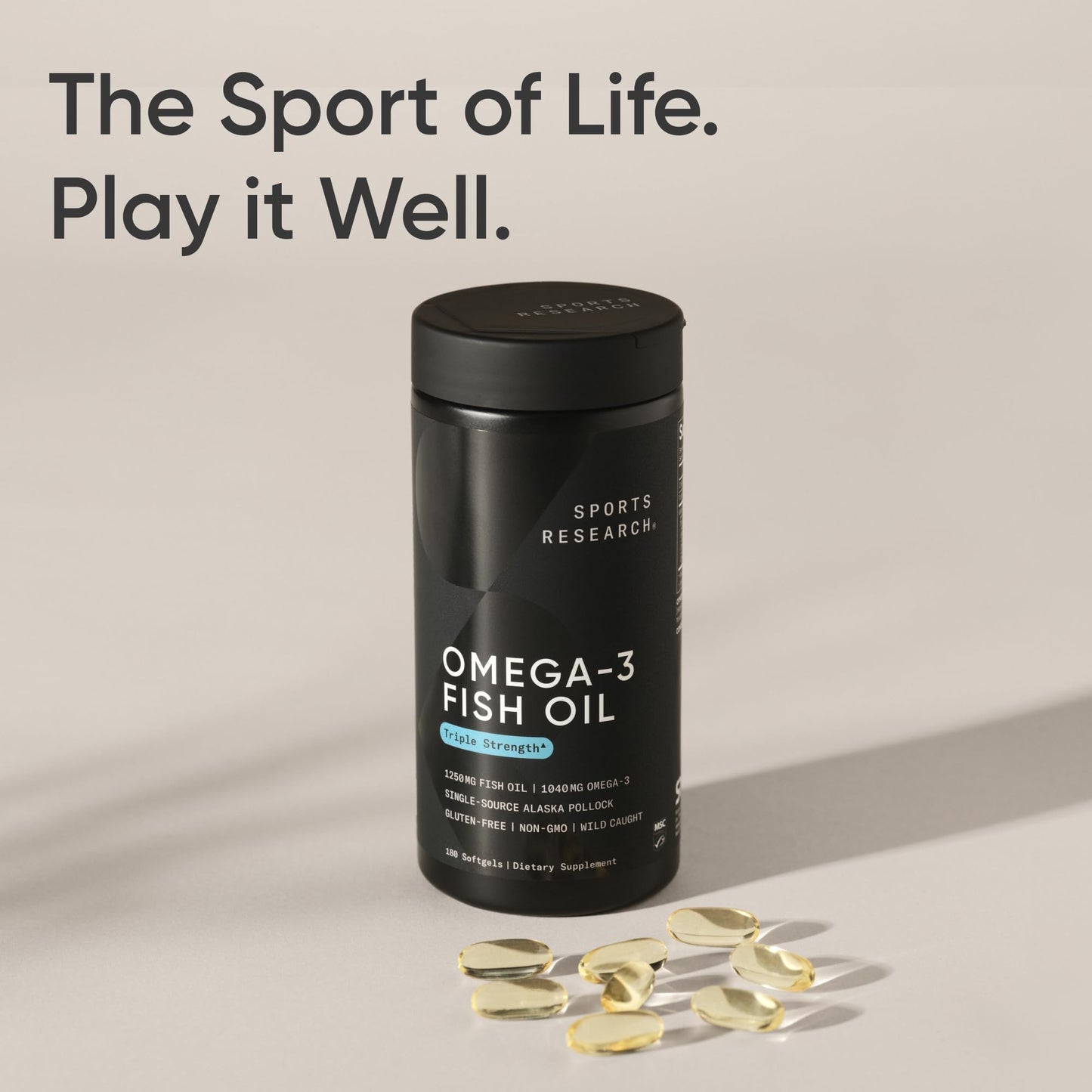 Sports Research® Omega-3 Fish Oil 1250mg from Wild Alaska Pollock, 30 Count | Always Fresh Never Fishy | 690mg EPA 260mg DHA per Softgel · Heart & Brain Health* · MSC Certified Sustainable - 30 Servings