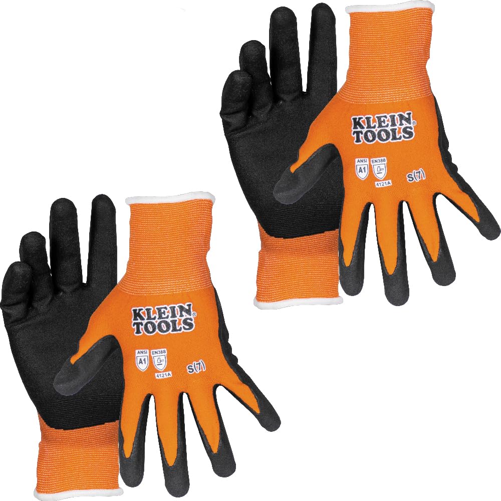 KLEIN TOOLS 60580 Work Gloves, Knit Dipped Cut Resistant ANSI A1 Nitrile Coated Gloves, Nylon-Spandex, Touchscreen Capable, Medium, 2-Pair