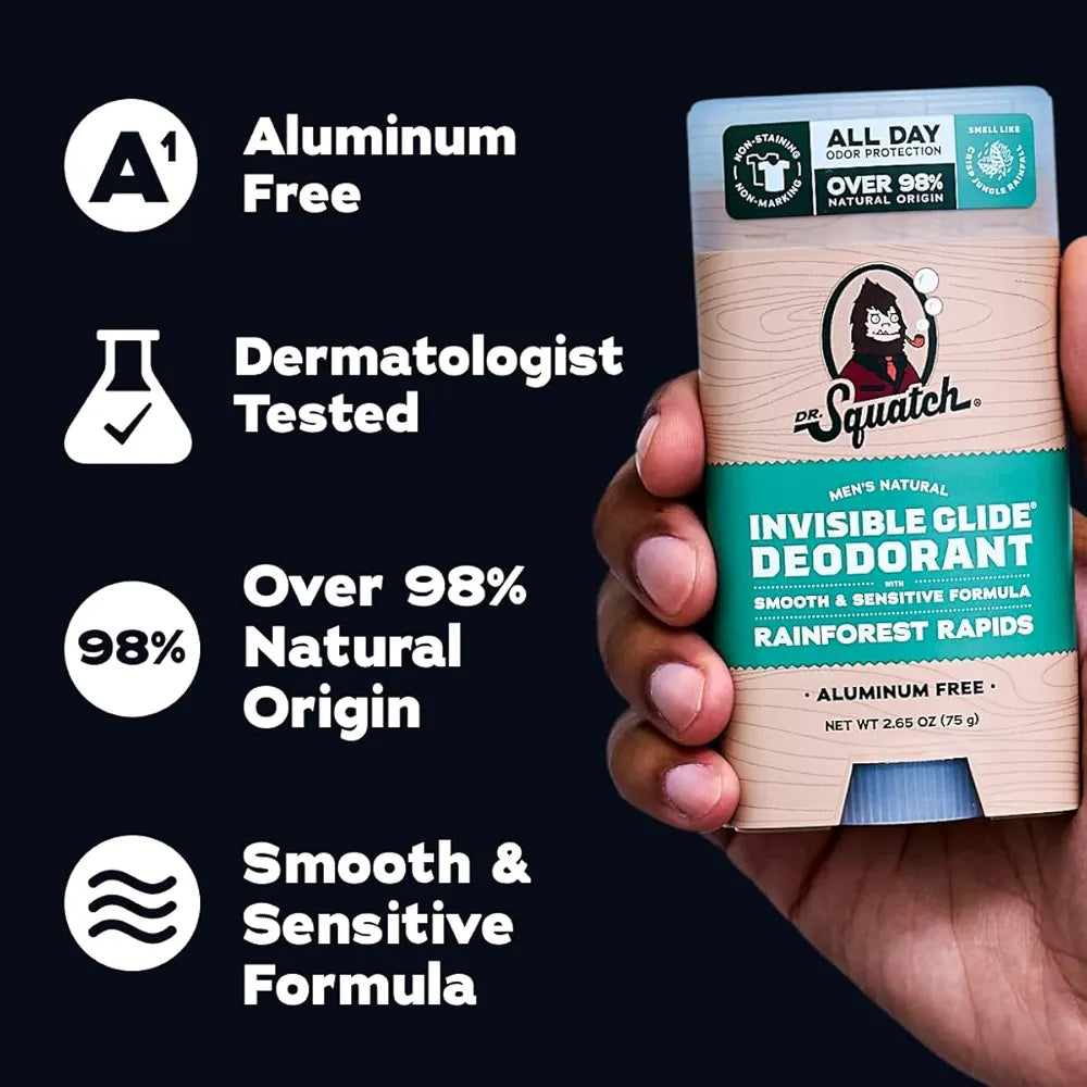 Dr. Squatch Invisible Glide Natural Men’s Deodorant – Smooth Glide, No Stains – Aluminum Free Deodorant Men – Safe for Sensitive Skin – Coconut Castaway + Rainforest Rapids, 2.65oz 
