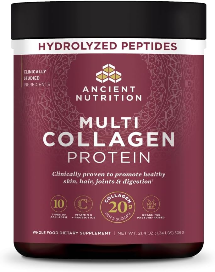 Ancient Nutrition Collagen Peptides Powder, Multi Collagen Protein, Women & Men, Vitamin C, Probiotics, Hydrolyzed Collagen, Supports Skin, Joints, Gut Health, Unflavored (40 Servings)