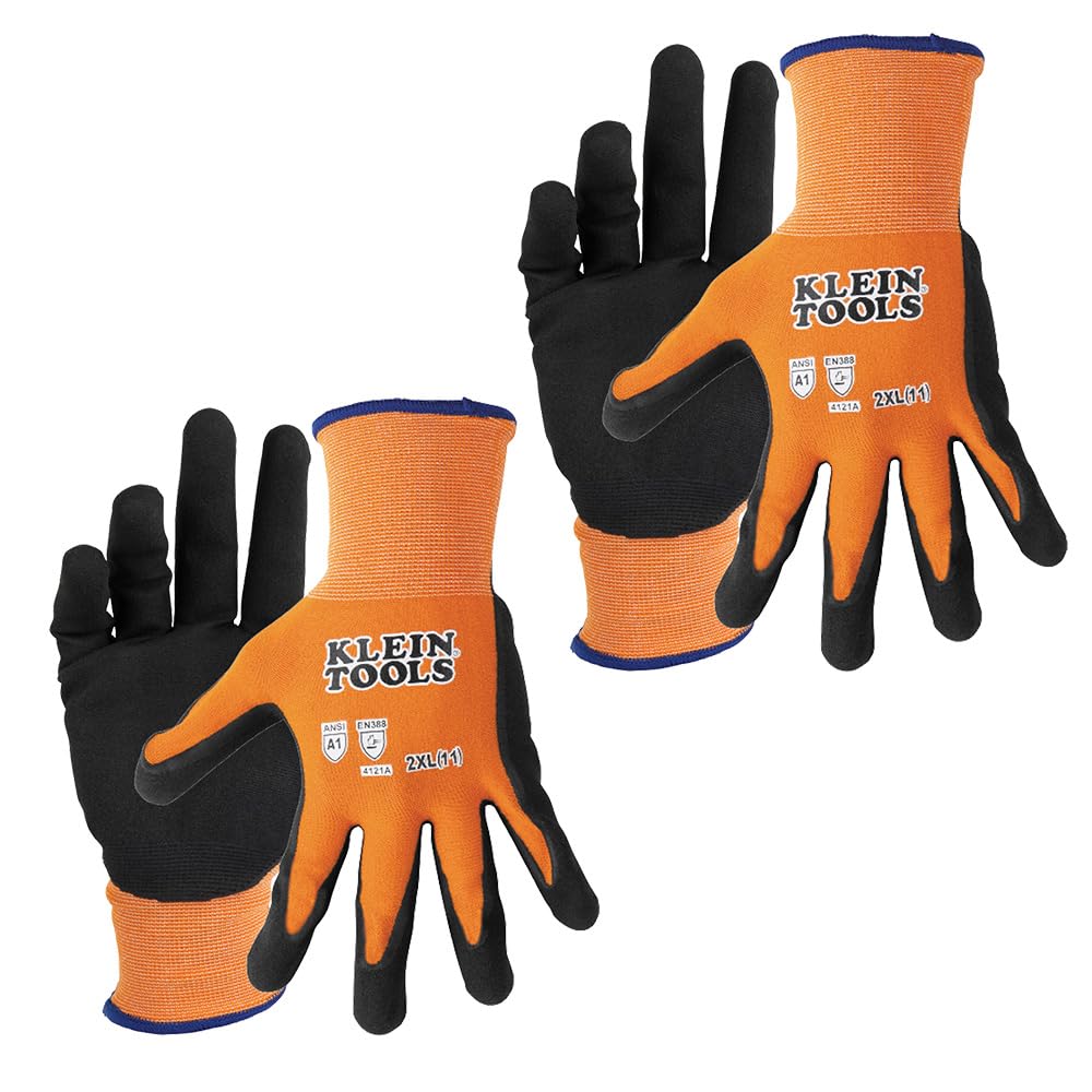 KLEIN TOOLS 60580 Work Gloves, Knit Dipped Cut Resistant ANSI A1 Nitrile Coated Gloves, Nylon-Spandex, Touchscreen Capable, Medium, 2-Pair