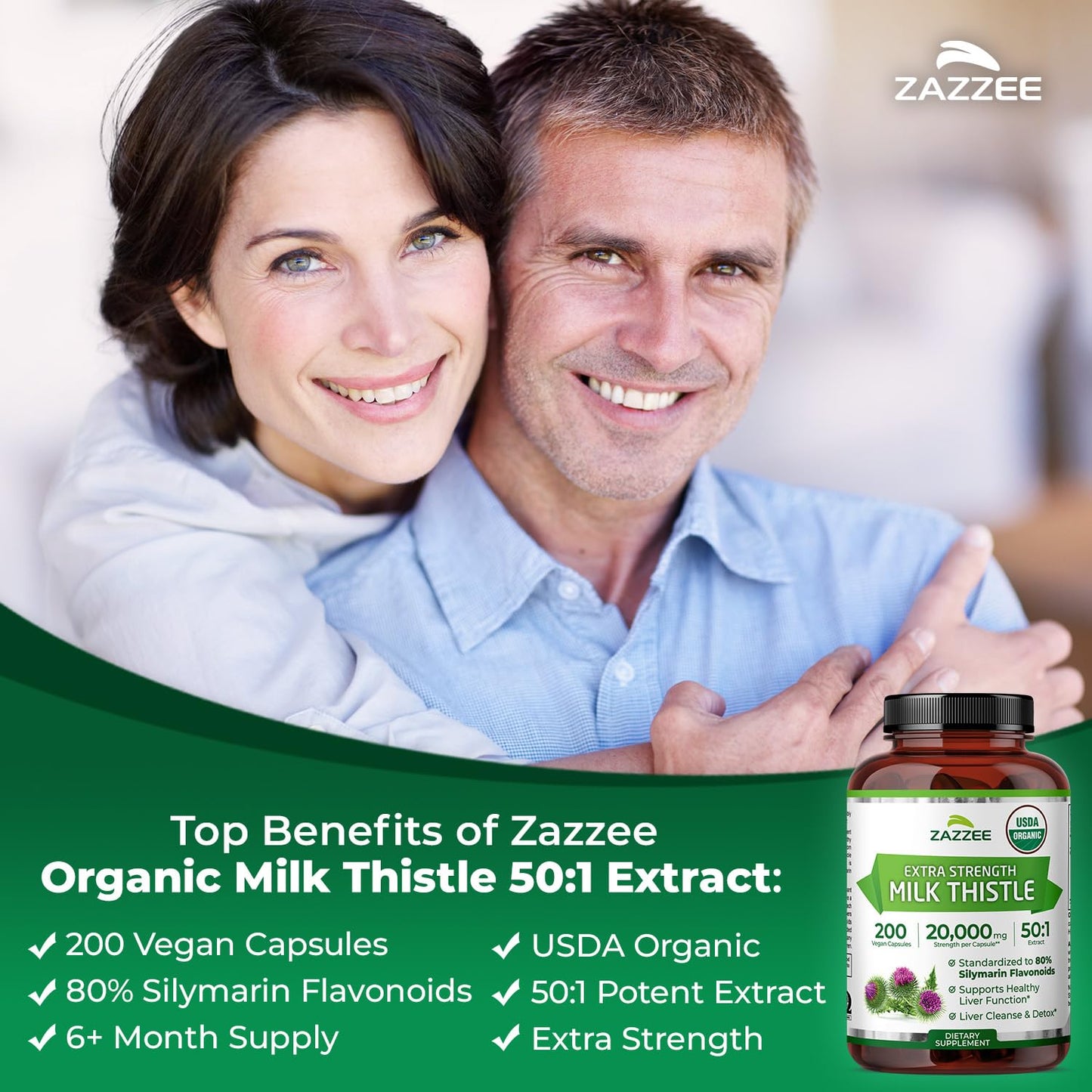 Zazzee USDA Organic Milk Thistle 50:1 Extract, 80% Silymarin Flavonoids, 200 Vegan Capsules, 6+ Month Supply, Silybum Marianum, Liver Support & Detox Support, Organic All-Natural, Non-GMO, Made in USA