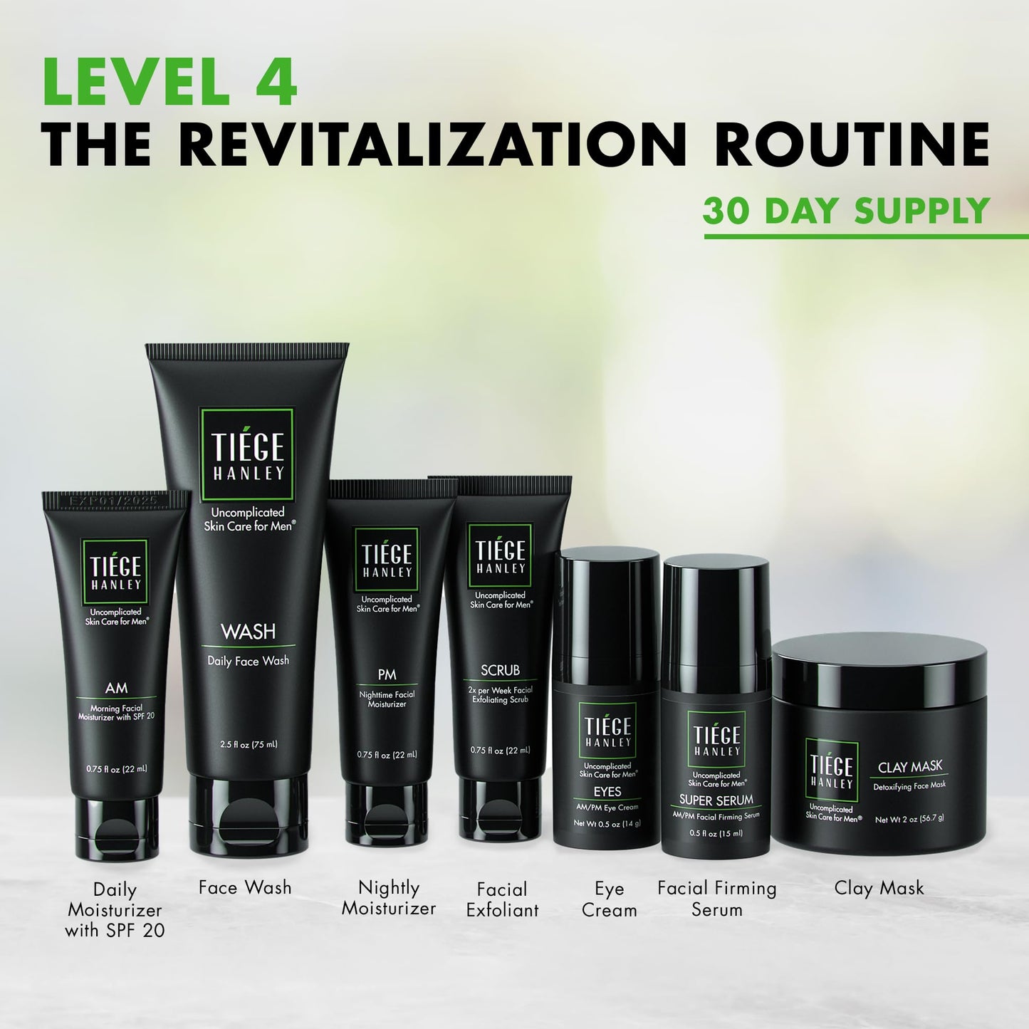 Tiege Hanley Essential Men's Skin Care Set, 30-Day, 4 Piece Kit | Level 1 Essential Routine, Daily Face Wash, Facial Scrub, AM SPF & PM Moisturizers