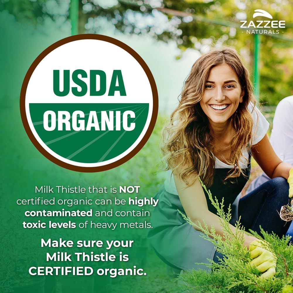 Zazzee USDA Organic Milk Thistle 50:1 Extract, 80% Silymarin Flavonoids, 200 Vegan Capsules, 6+ Month Supply, Silybum Marianum, Liver Support & Detox Support, Organic All-Natural, Non-GMO, Made in USA