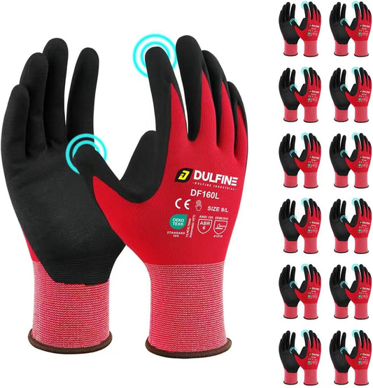 DULFINE MicroFoam Nitrile Coated 3/12/36 Pairs Work Gloves for Men & Women | Strong Grip, Touchscreen, Seamless Nylon Knit, Ideal for General Purpose, Automotive, Home Improvement, Painting