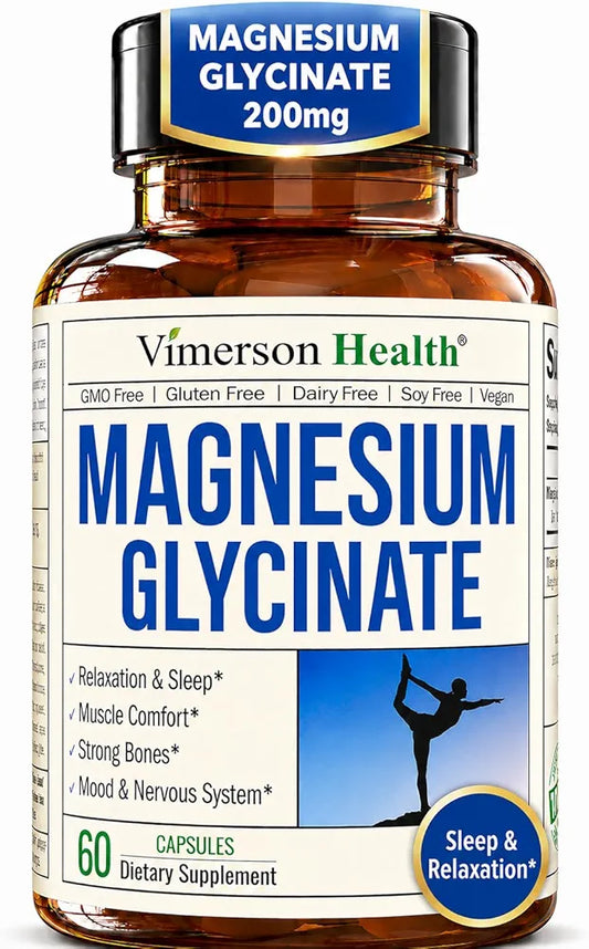 Vimerson Health Magnesium Glycinate 200mg for Sleep, Relaxation & Muscle Support – Chelated, Bioavailable, Vegan and Gentle on Stomach – 60 Capsules