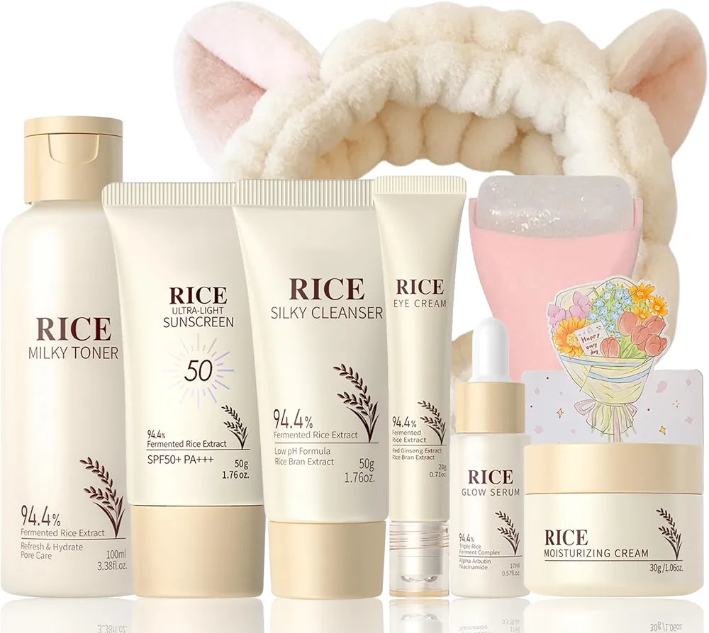 Rice Skincare Set for Women & Girls – Korean Skin Care Set with Rice Cleanser, Toner, Serum, Face Cream, Eye Cream, Sunscreen, Ice Roller, Headband & Card – Moisturizing & Skin Barrier Support 