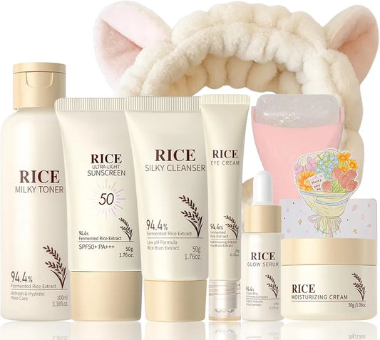 Rice Skincare Set for Women & Girls – Korean Skin Care Set with Rice Cleanser, Toner, Serum, Face Cream, Eye Cream, Sunscreen, Ice Roller, Headband & Card – Moisturizing & Skin Barrier Support 