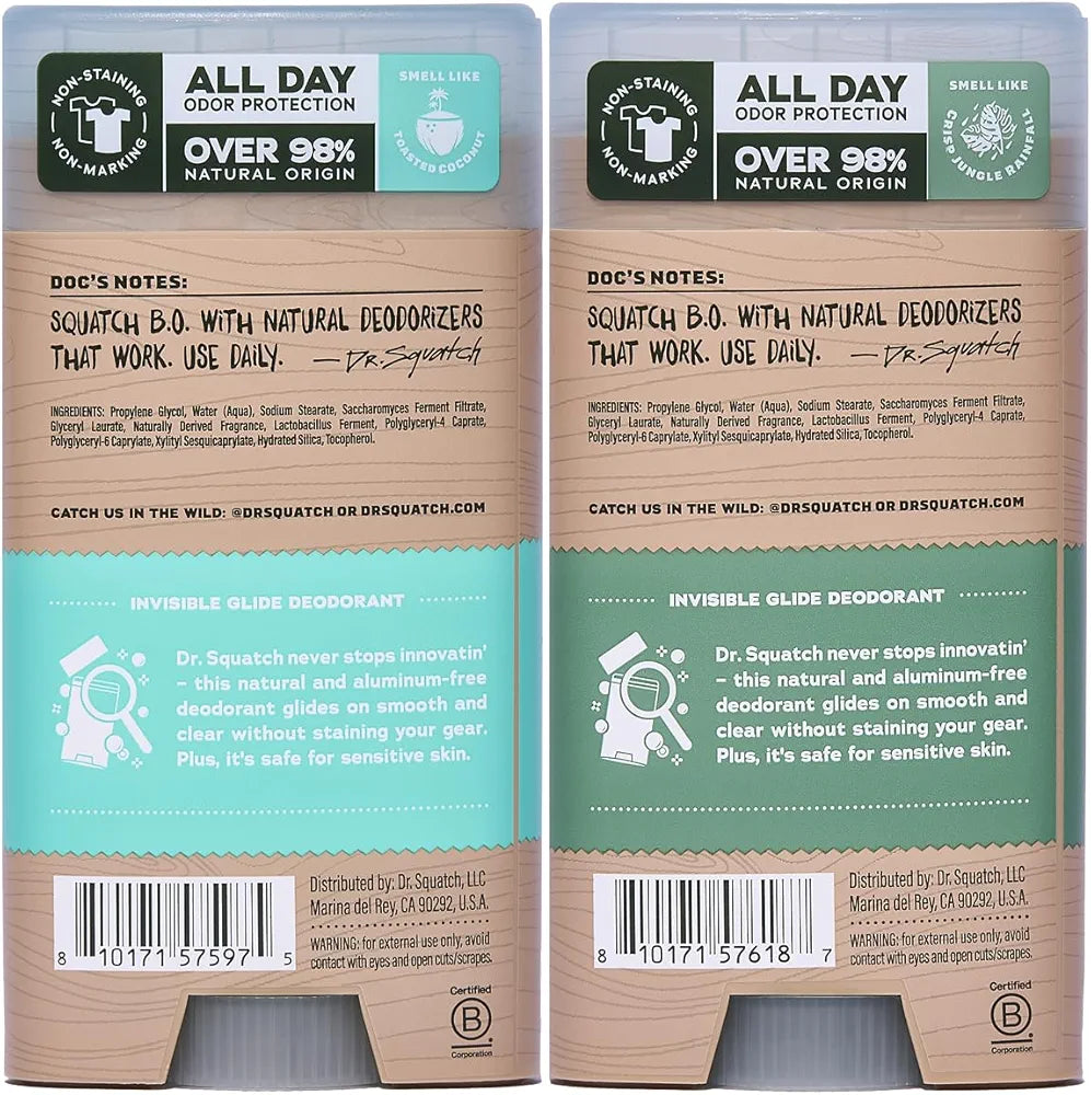 Dr. Squatch Invisible Glide Natural Men’s Deodorant – Smooth Glide, No Stains – Aluminum Free Deodorant Men – Safe for Sensitive Skin – Coconut Castaway + Rainforest Rapids, 2.65oz 