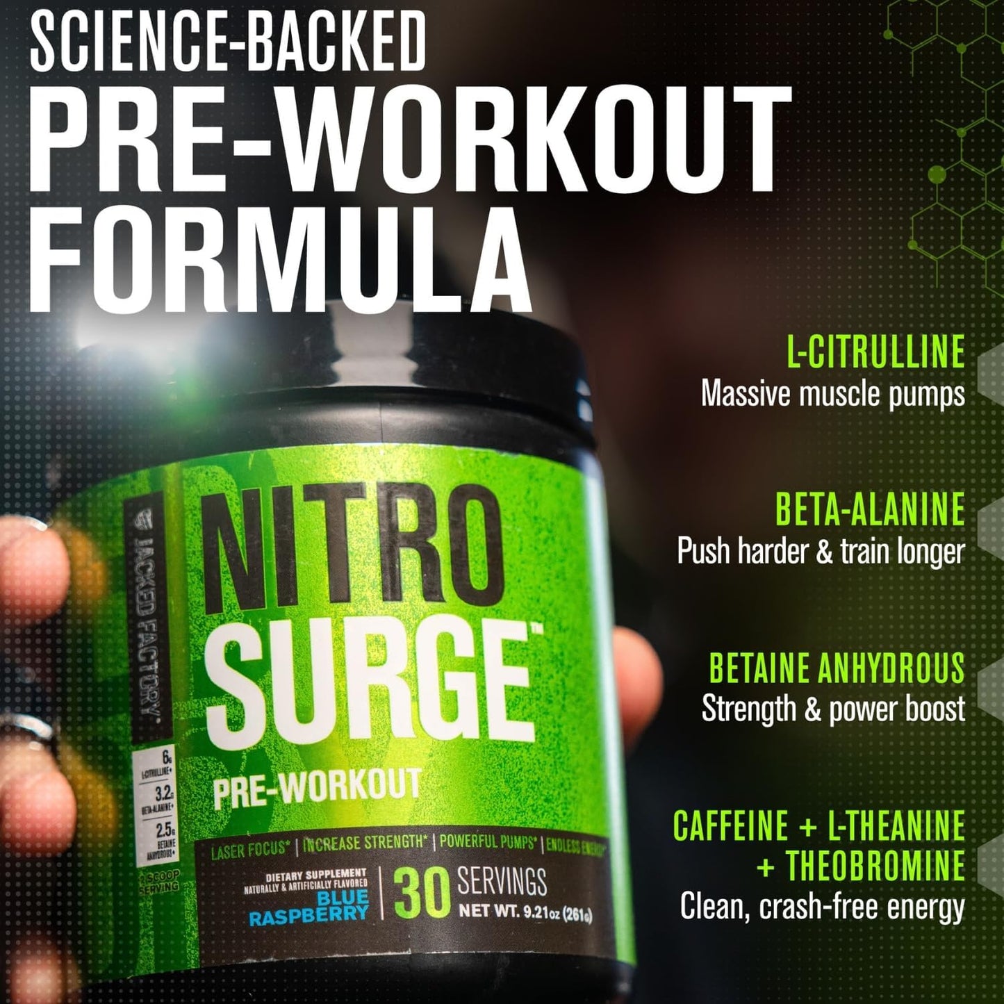 Jacked Factory NITROSURGE Pre Workout Supplement - Endless Energy, Instant Strength Gains, Clear Focus, Intense Pumps - NO Booster & Preworkout Powder with Beta Alanine - 30 Servings, Cherry Limeade
