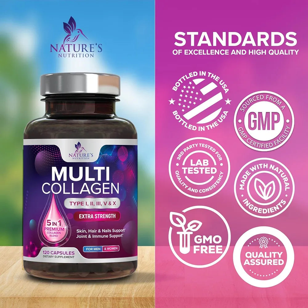 Multi Collagen Complex Pills - Hydrolyzed Collagen Peptides Capsules for Women & Men - Types I, II, III, V, X Multi Collagen - Hair, Skin & Nails Support Supplement - Bottled in USA - 120 Capsules