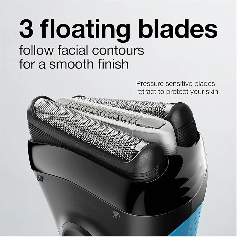 Braun Series 3 Electric Foil Shaver for Men with Precision Trimmer, Rechargeable Wet & Dry Use, Blue/Black, 4-Piece Set