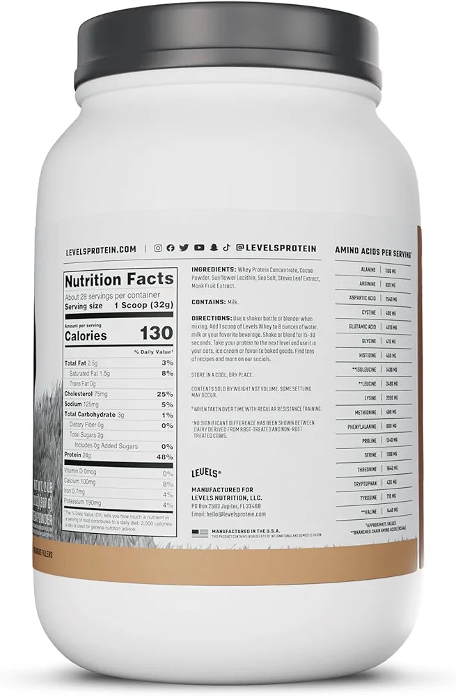Levels Grass Fed Whey Protein Powder, No Artificials, 24G of Protein, Pure Chocolate, 2LB
