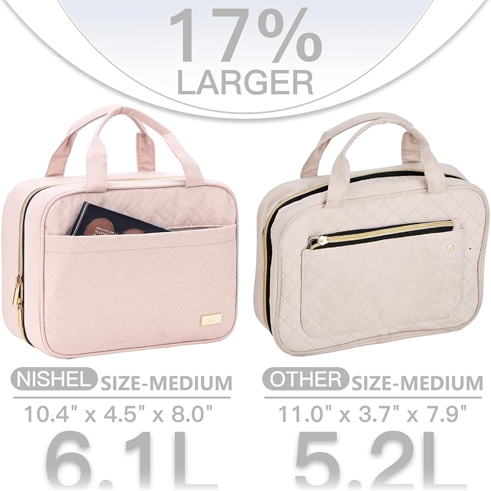 NISHEL Women's Portable Hanging Toiletry Bag - Medium Pink Travel Organizer for Makeup, Skincare, and Toiletries