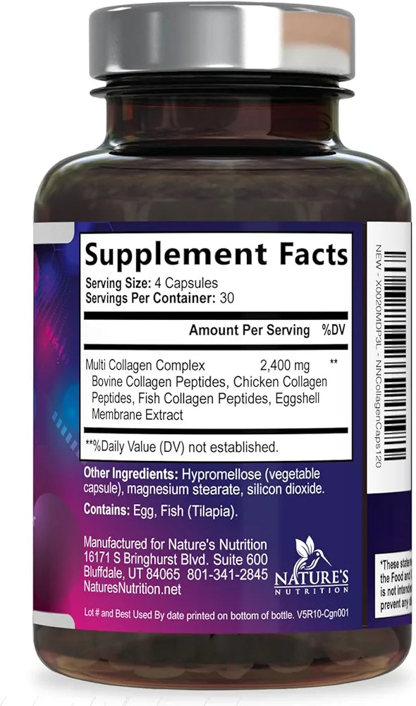 Multi Collagen Complex Pills - Hydrolyzed Collagen Peptides Capsules for Women & Men - Types I, II, III, V, X Multi Collagen - Hair, Skin & Nails Support Supplement - Bottled in USA - 120 Capsules