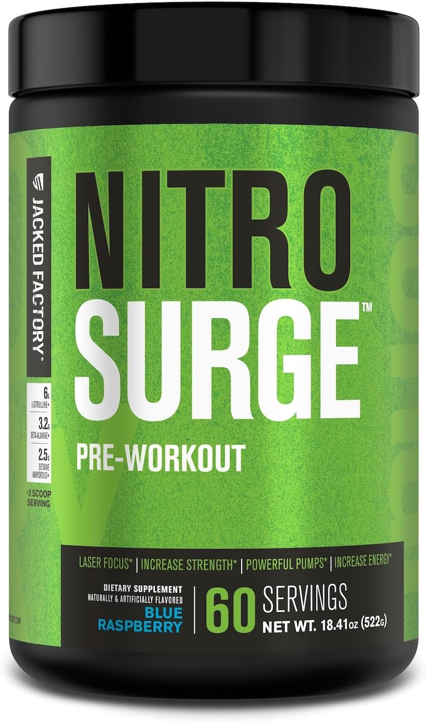 Jacked Factory NITROSURGE Pre Workout Supplement - Endless Energy, Instant Strength Gains, Clear Focus, Intense Pumps - NO Booster & Preworkout Powder with Beta Alanine - 30 Servings, Cherry Limeade
