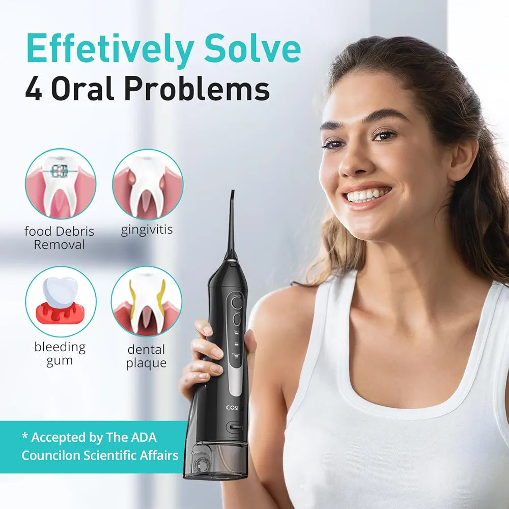 COSLUS Water Dental Flosser Teeth Pick C20: ADA Accepted, Portable Cordless Oral Irrigator 300ML Rechargeable Travel Irrigation Cleaner IPX7 Waterproof Electric Flossing Machine for Teeth, Black