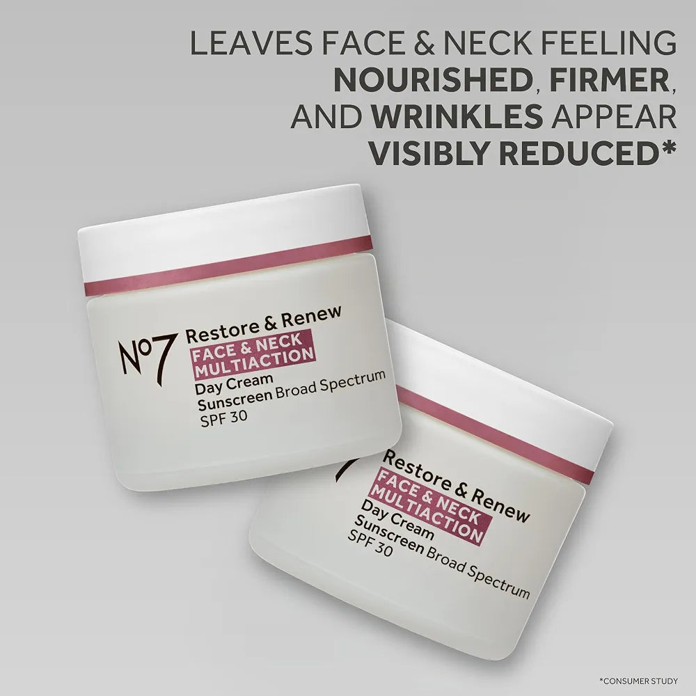 No7 Restore & Renew Multi Action Face & Neck Cream SPF 30 - Anti-Aging Moisturizer with Hyaluronic Acid, Peptides, and Ceramides for Firming and Hydrating Crepey Skin