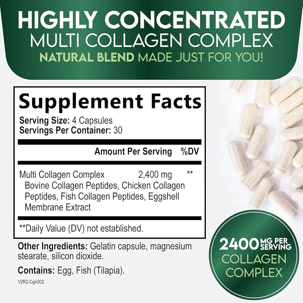 Multi Collagen Pills - Hydrolyzed Collagen Peptides Capsules for Women & Men - Types I, II, III, V, X Multi Collagen Complex - Hair, Skin & Nails Support Supplement - Bottled in the USA - 120 Capsules