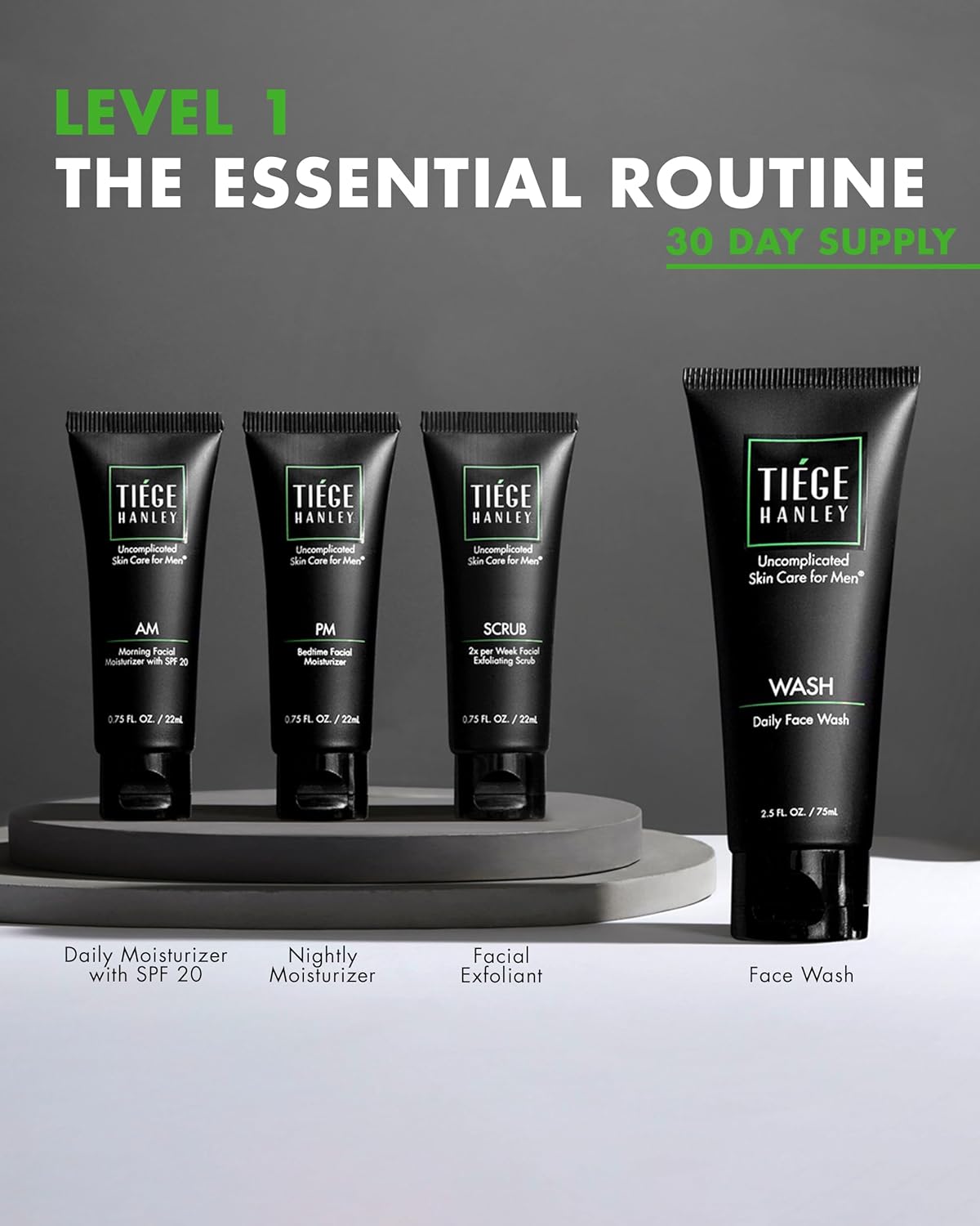 Tiege Hanley Essential Men's Skin Care Set, 30-Day, 4 Piece Kit | Level 1 Essential Routine, Daily Face Wash, Facial Scrub, AM SPF & PM Moisturizers
