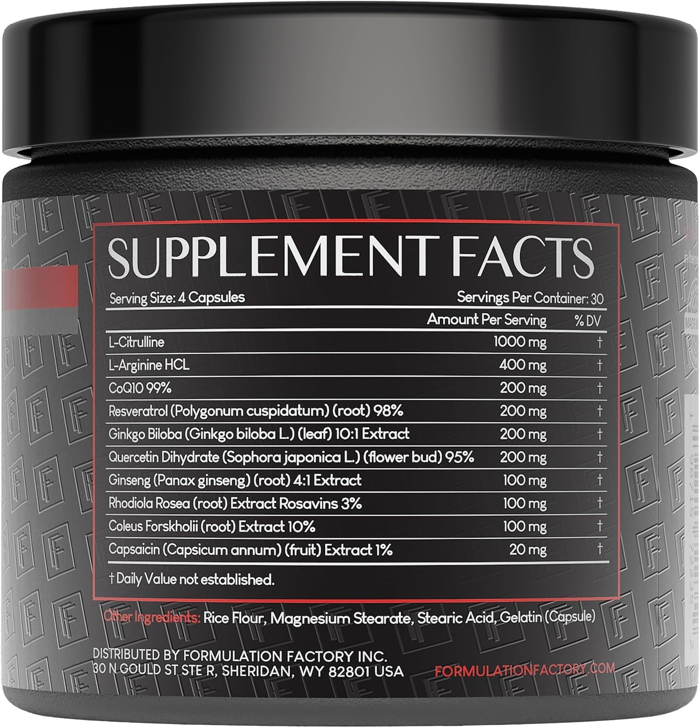 Formulation Factory Heart of Steel Nitric Oxide Supplements for Men & Women, Nitric Oxide Booster for Blood Flow & Circulation with L-Citrulline 1000mg, L-Arginine, CoQ10 & Resveratrol - 120 Capsules