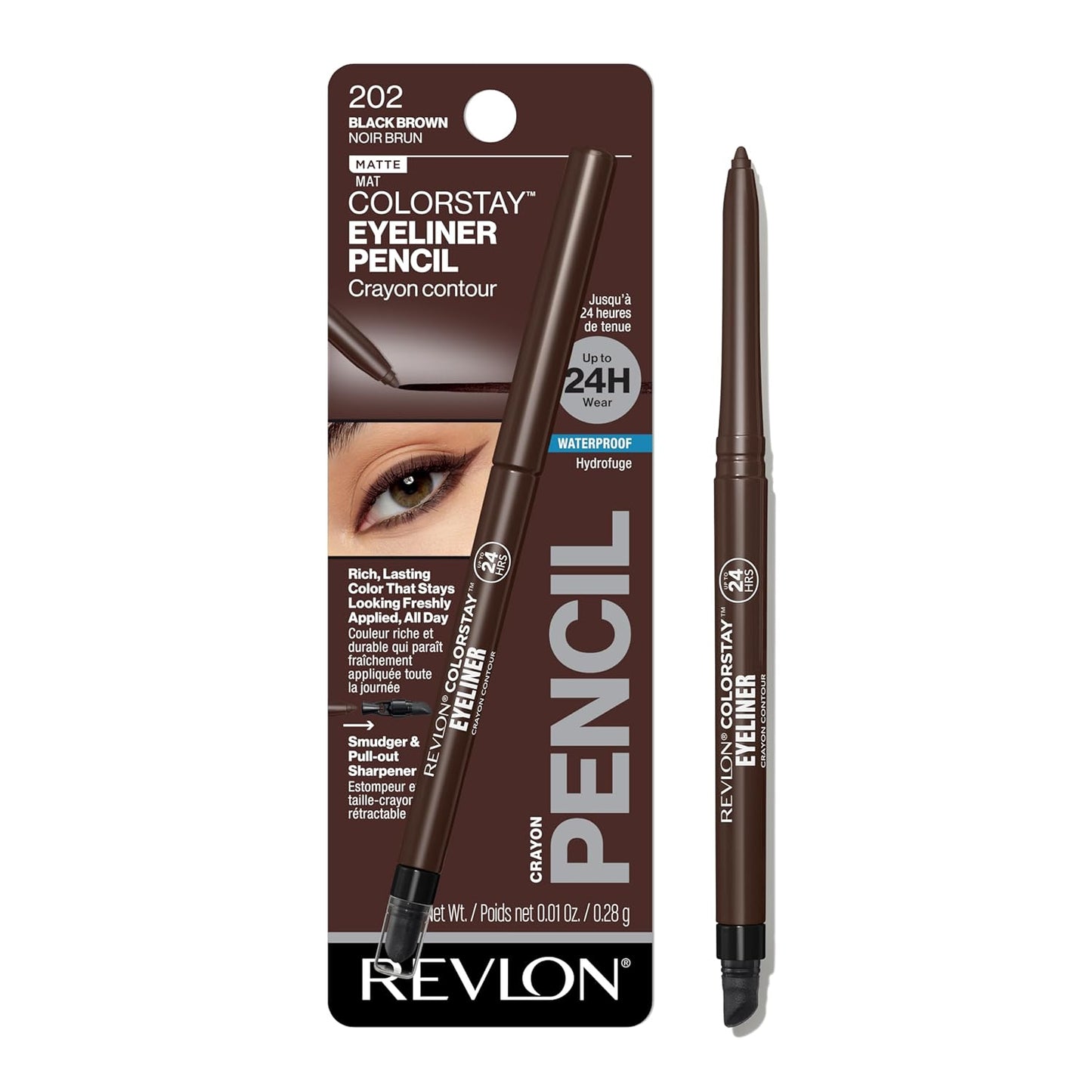 Revlon ColorStay Pencil Waterproof Eyeliner, Smudge-Proof, Eye Makeup with Built-In Sharpener, Long-Lasting, Matte Finish, 202 Black Brown, 0.01 oz | Waterproof pencil eyeliner with built-in sharpener. Smudge-proof, long-lasting, intense matte color.