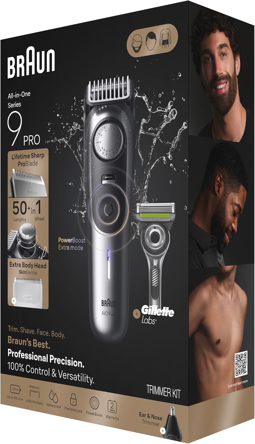 Braun All-in-One Series 9 PRO Men's Electric Beard Trimmer, Hair Clipper, Shaver & Razor for Face, Hair & Body, AIO 9550 with Gillette Labs Razor, Cordless