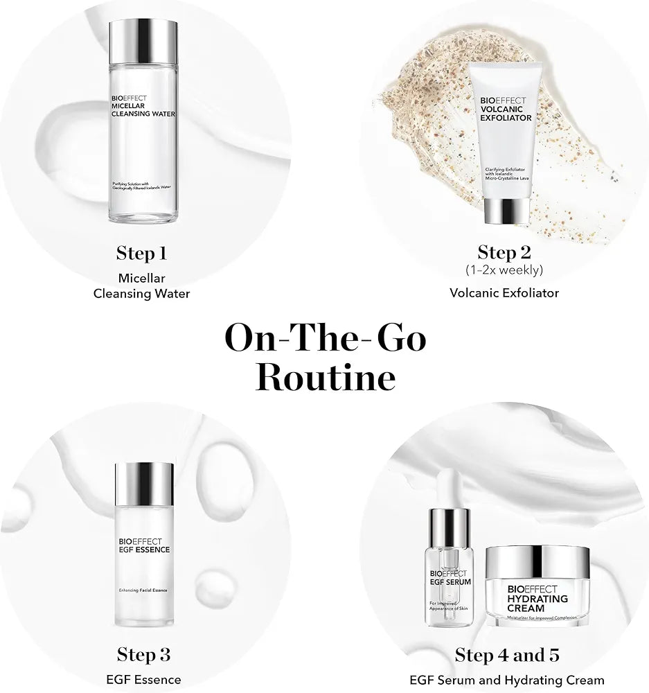 BIOEFFECT EGF Age-Defying Skincare Travel Set: Serum, Hydrating Cream, Essence Toner, Micellar Cleanser & Volcanic Exfoliator