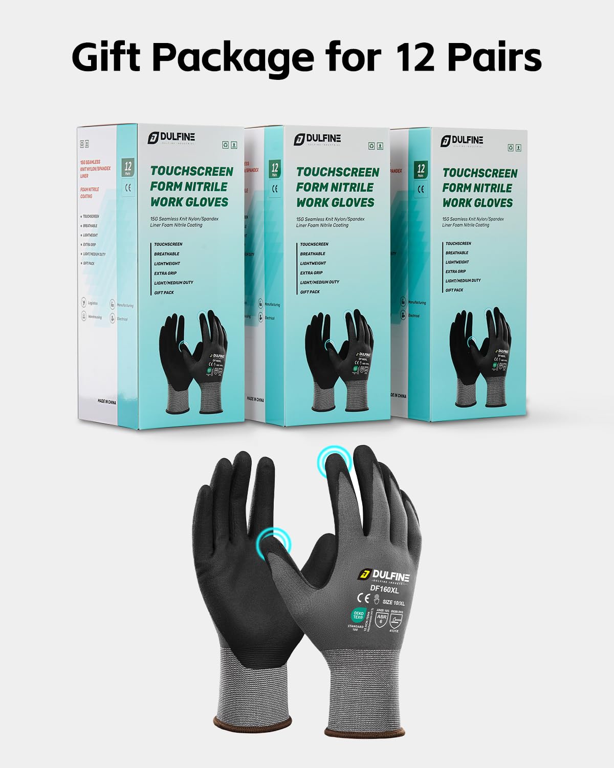 DULFINE MicroFoam Nitrile Coated 3/12/36 Pairs Work Gloves for Men & Women | Strong Grip, Touchscreen, Seamless Nylon Knit, Ideal for General Purpose, Automotive, Home Improvement, Painting