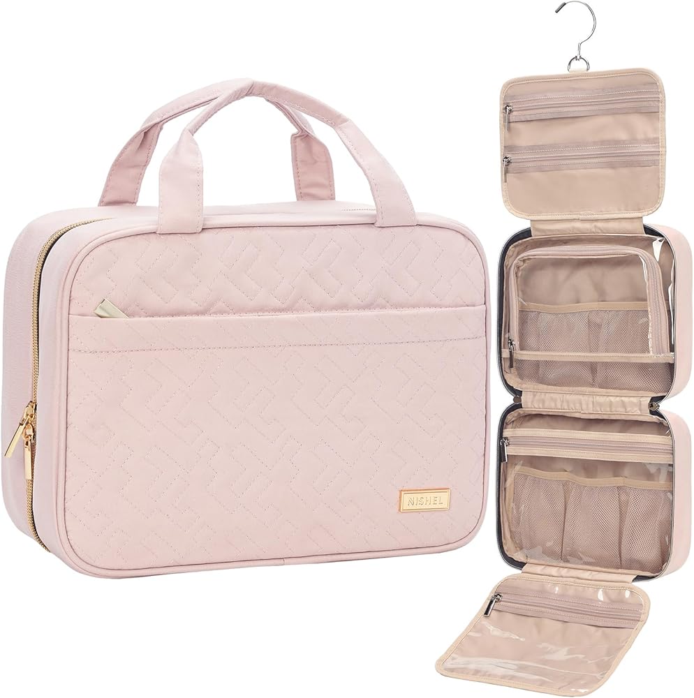 NISHEL Women's Portable Hanging Toiletry Bag - Medium Pink Travel Organizer for Makeup, Skincare, and Toiletries