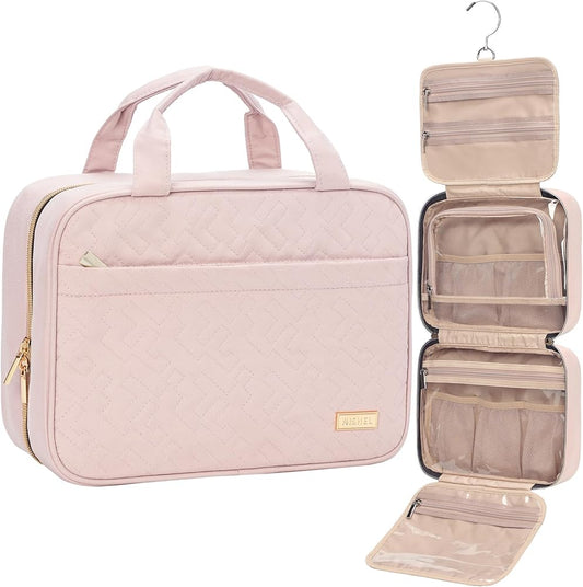 NISHEL Women's Portable Hanging Toiletry Bag - Medium Pink Travel Organizer for Makeup, Skincare, and Toiletries