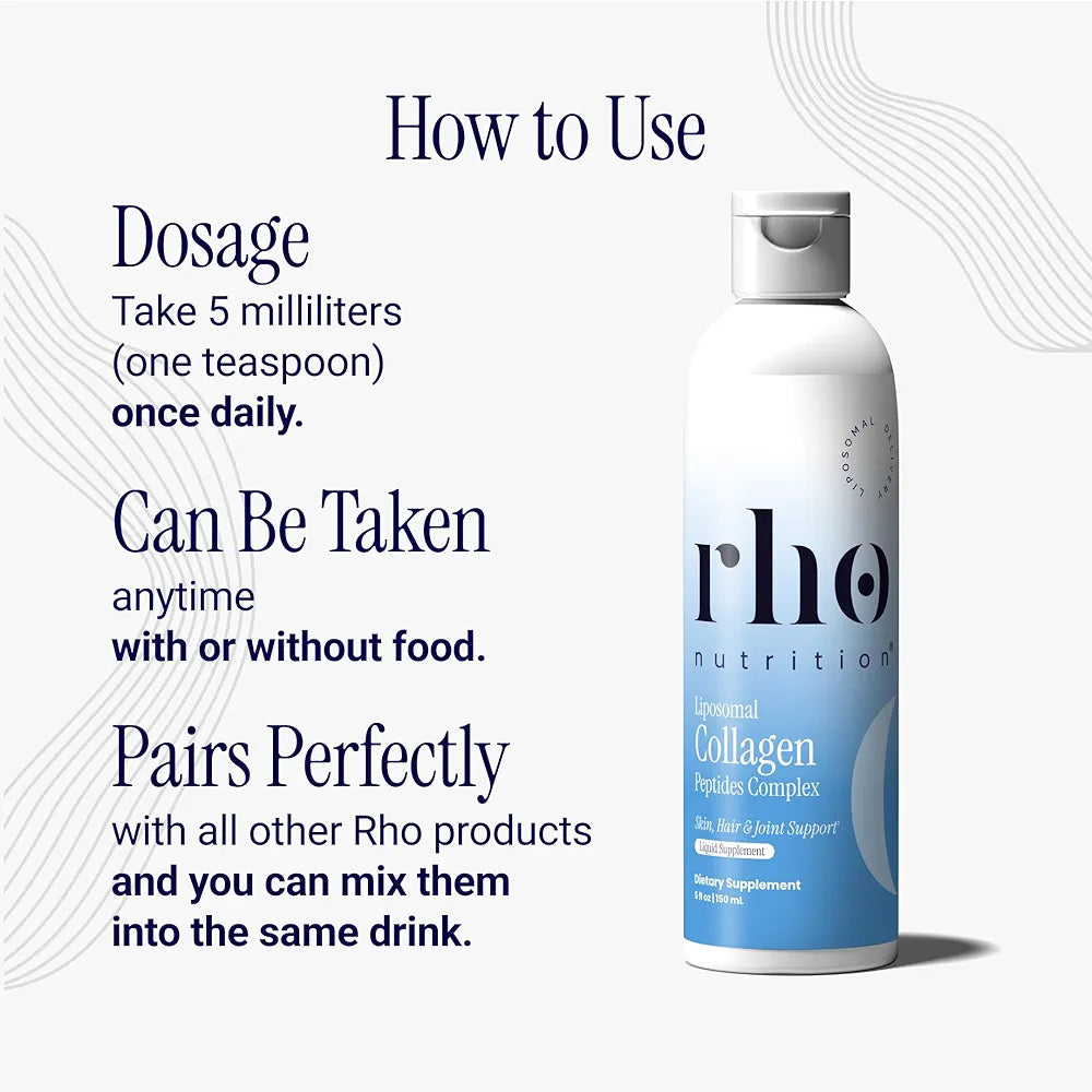 Rho Nutrition Liposomal Collagen Peptides - High-Absorption Liquid Collagen Supplement - Supports Skin Elasticity, Joint Health, and Overall Vitality for Healthy Aging, 5 fl oz
