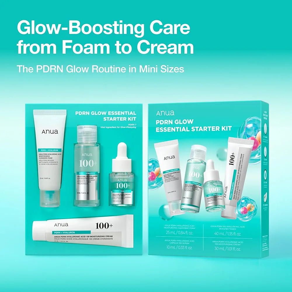 Anua Salmon DNA PDRN Glow Essential Starter Kit, Hyaluronic Acid Skincare Set, Glass Skin Routine with Firming & Hydrating Cleanser, Toner, Serum & Cream, Mini Travel Essentials, Korean Skincare Gift