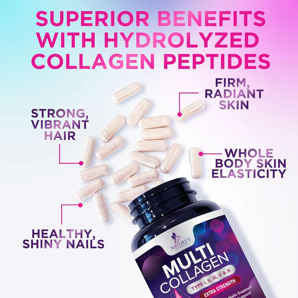 Multi Collagen Complex Pills - Hydrolyzed Collagen Peptides Capsules for Women & Men - Types I, II, III, V, X Multi Collagen - Hair, Skin & Nails Support Supplement - Bottled in USA - 120 Capsules