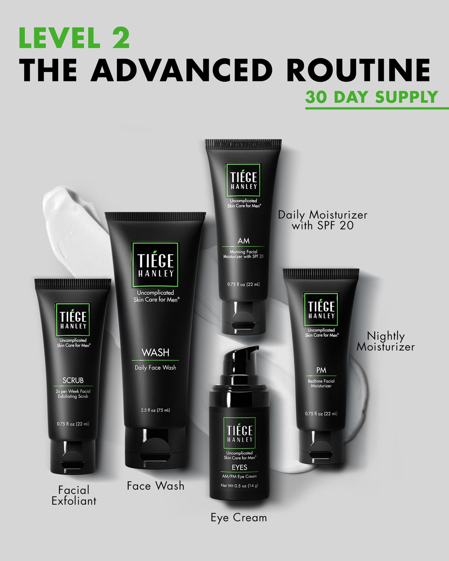 Tiege Hanley Essential Men's Skin Care Set, 30-Day, 4 Piece Kit | Level 1 Essential Routine, Daily Face Wash, Facial Scrub, AM SPF & PM Moisturizers