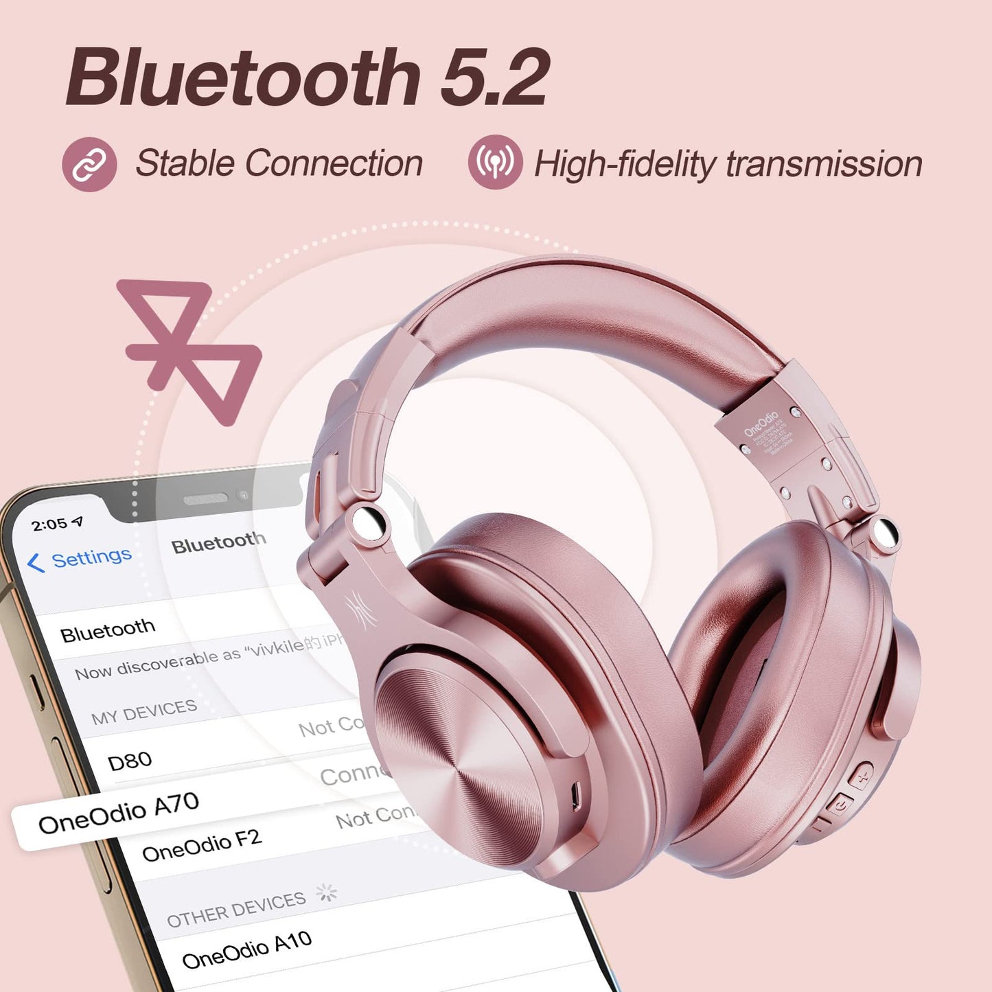 OneOdio A70 Bluetooth Over-Ear Headphones, Hi-Res Wired DJ Studio - Black | Wireless over-ear headphones with 72H playtime, 3.5mm/6.35mm wired jacks for studio monitoring, mixing, guitar, amp and PC