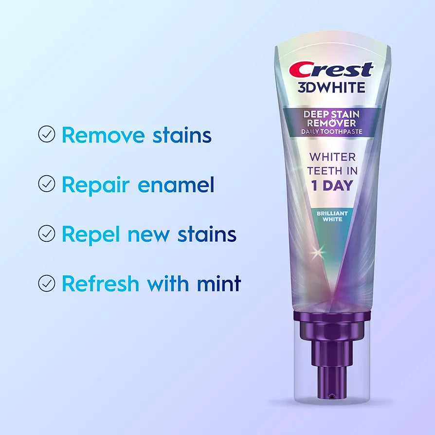 Crest 3D White Deep Stain Remover Toothpaste, Teeth whitening for Adults, 3.1oz, 2 Pack, Sensitivity Safe, Enamel Repair, Cavity Protection, Fluoride Toothpaste, Travel Size Toiletries