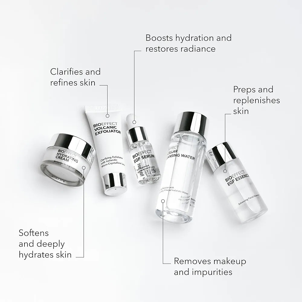 BIOEFFECT EGF Age-Defying Skincare Travel Set: Serum, Hydrating Cream, Essence Toner, Micellar Cleanser & Volcanic Exfoliator