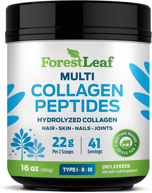 ForestLeaf Collagen Peptides Powder Unflavored - Hydrolyzed Grass Fed Keto Collagen Protein Powder Type 1, 2 & 3 - Vital Hair, Skin, Nails, Joints, Recovery, 11g Per Serving