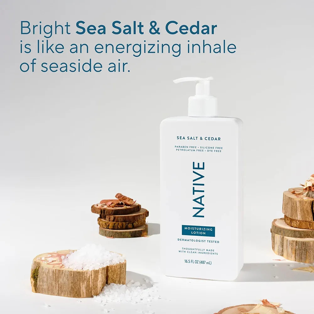 Native Body Lotion, Sea Salt & Cedar, 48-Hour Hydration for Dry & Sensitive Skin, Made with Plant-Based Moisturizers like Shea Butter, Silicone & Paraben Free, 16.5 fl oz